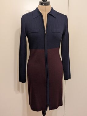 Vintage Carole Little Navy and Red Petite Zip Up Sweater Dress With Collar